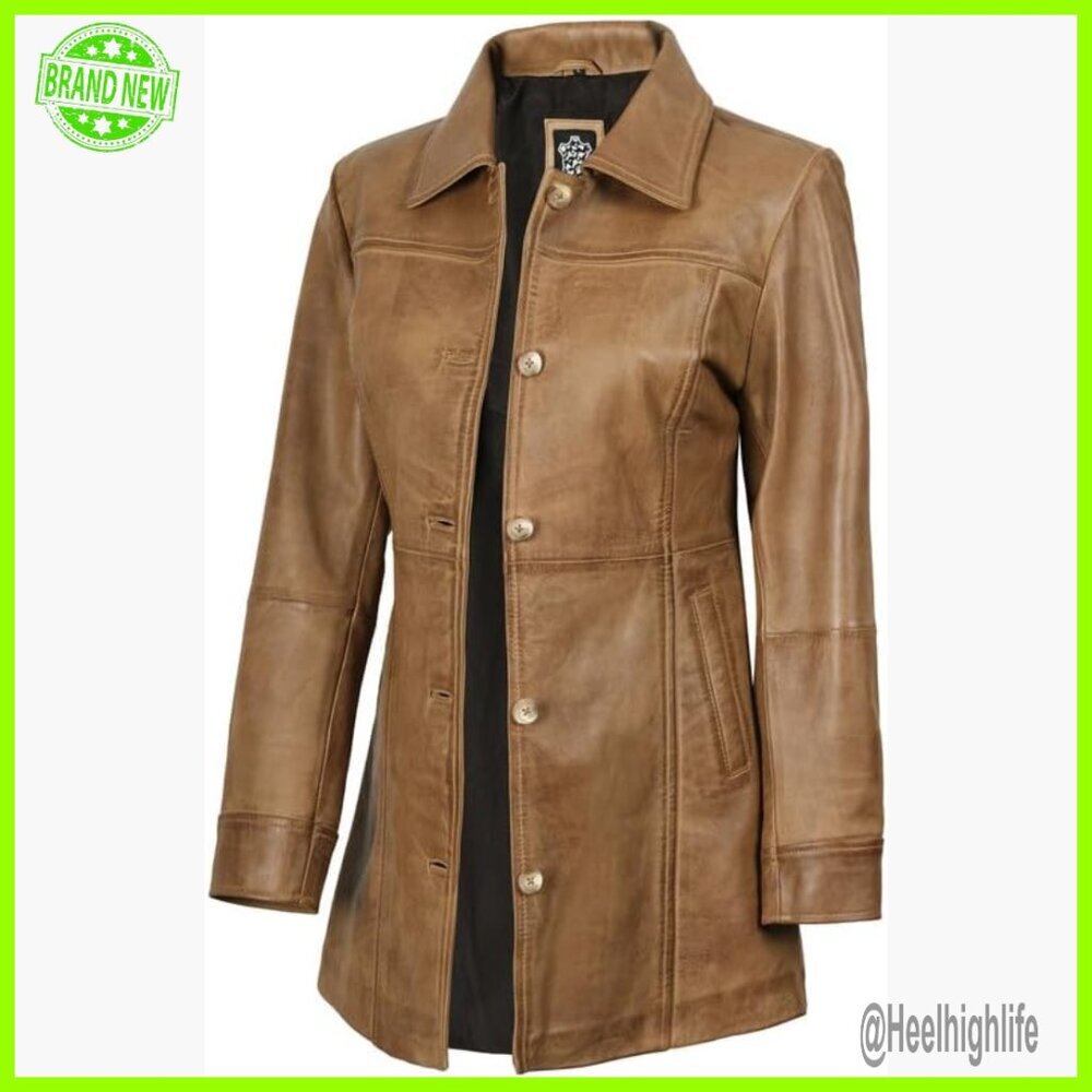 Real Lambskin Leather Coat Women's Car Coat Regular Fit Button Closure